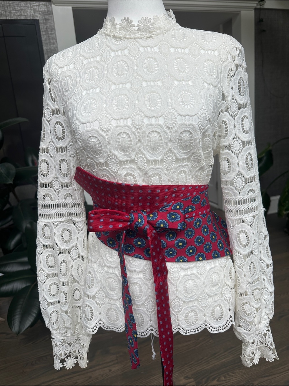 Upcycled Vintage Red Floral Pattern Obi Belt Wrap Corset Style with Polka Dots